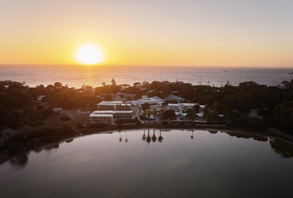 An aerial view of Lodge Wadjemup entrance at sunset, taken by drone. © Shot By Thom
