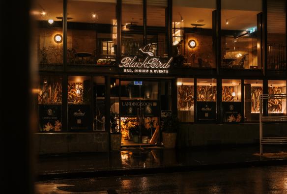 The double storey entrance and glass façade at Blackbird Bar Dining and Events. © Arianna Leggeiro