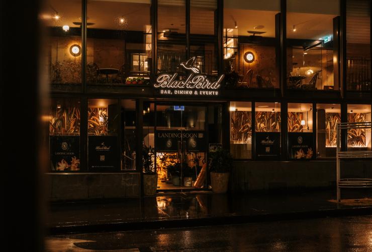 The double storey entrance and glass façade at Blackbird Bar Dining and Events. © Arianna Leggeiro