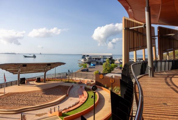 A ceremonial sand pit with amphitheater seating is positioned near the harbourfront. © Larrakia Cultural Centre