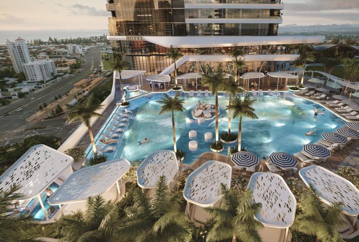 Render of people swimming in a pool with palm trees in the middle. In the background there is a hotel building, Andaz Hotel Gold Coast, Queensland © Andaz Hotel Gold Coast