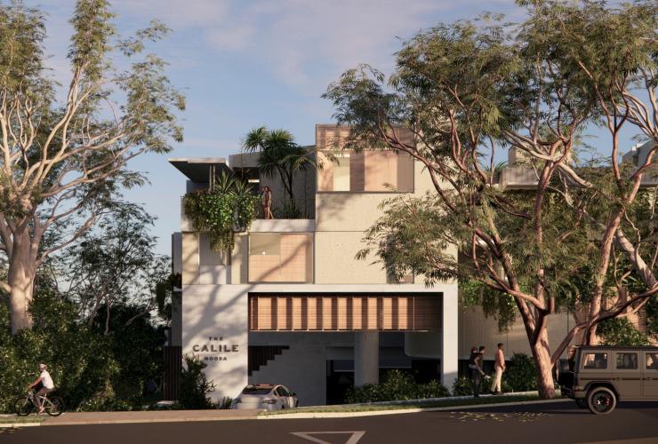 Render of the external hotel building surrounded by trees, Calile Noosa, Sunshine Coast, Queensland © Calile Noosa