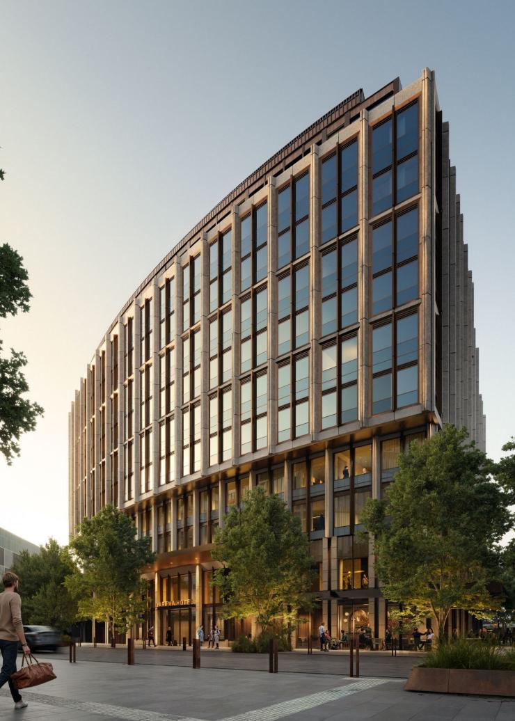 Render of the external of the hotel. There are trees at the front next to the road, Crystalbrook Aurora, Canberra, Australian Capital Territory © Crystalbrook Aurora
