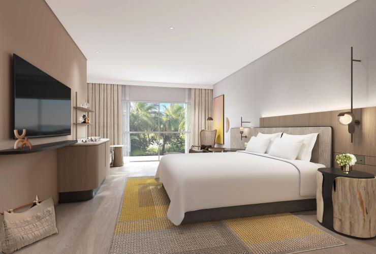 Render of the hotel room, with timber and neutral furnishings. The windows look out to a tropical garden, Hilton Palm Cove Resort & Spa, Palm Cove, Queensland © Tourism Australia 