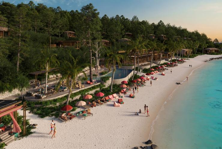 Render of the eco-lodge. Accommodation is set amongst the trees with the pool and deck close to the beach. There are daybeds and umbrellas located on the beach with turquoise clear water in front, Hook Island, The Whitsundays, Queensland © Hook Island