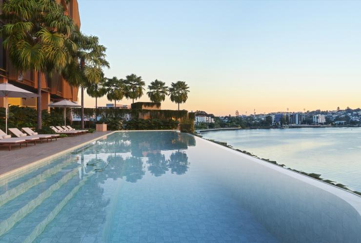 Render of the exterior of the hotel, with a pool overlooking the river, Kimpton Teneriffe, Brisbane, Queensland © Kimpton Teneriffe