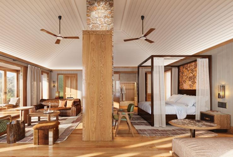 Render of a bedroom at the future Emirates Wolgan Valley, a Ritz-Carlton Lodge, Blue Mountains, New South Wales © Emirates Wolgan Valley, a Ritz-Carlton Lodge