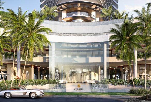 Render of the external of the hotel. The hotel has a curved frontage with palm trees on either side of the water fountain featured in the centre, St.Regis Hotel, Gold Coast, Queensland © St.Regis Hotel