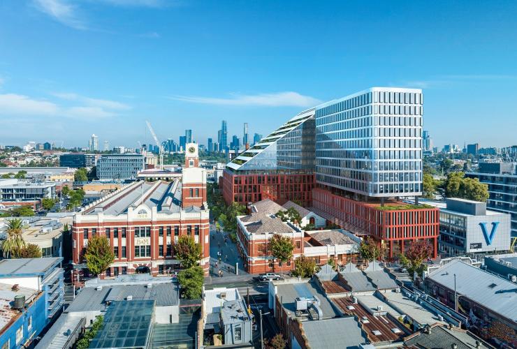 Render of the external of the Hoxton Hotel amongst the surrounding city landscape, The Hoxton, Melbourne, Victoria © The Hoxton