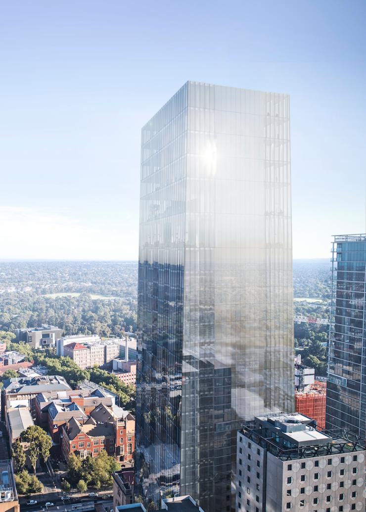 Render of the external of the building in the surrounding city landscape, South Australia © The Westin Adelaide